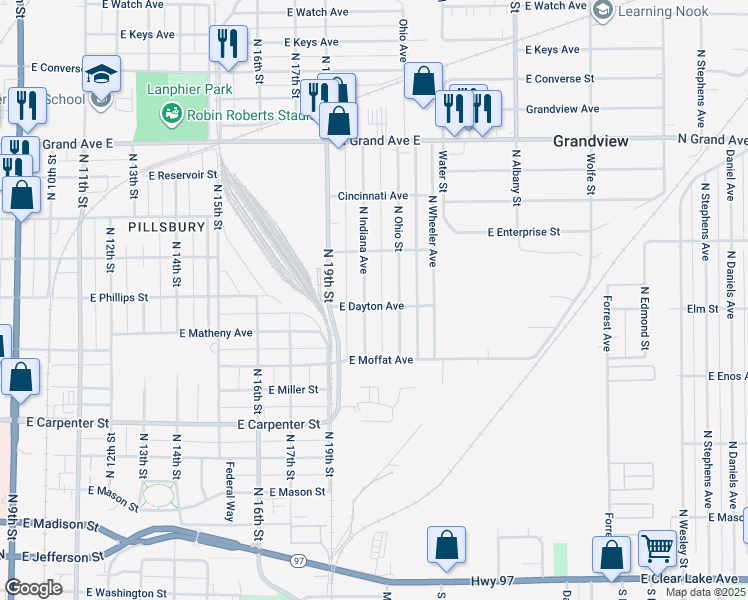 map of restaurants, bars, coffee shops, grocery stores, and more near 900-998 North Indiana Avenue in Springfield