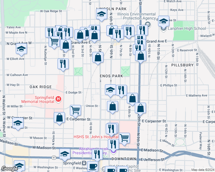 map of restaurants, bars, coffee shops, grocery stores, and more near 918 North 6th Street in Springfield