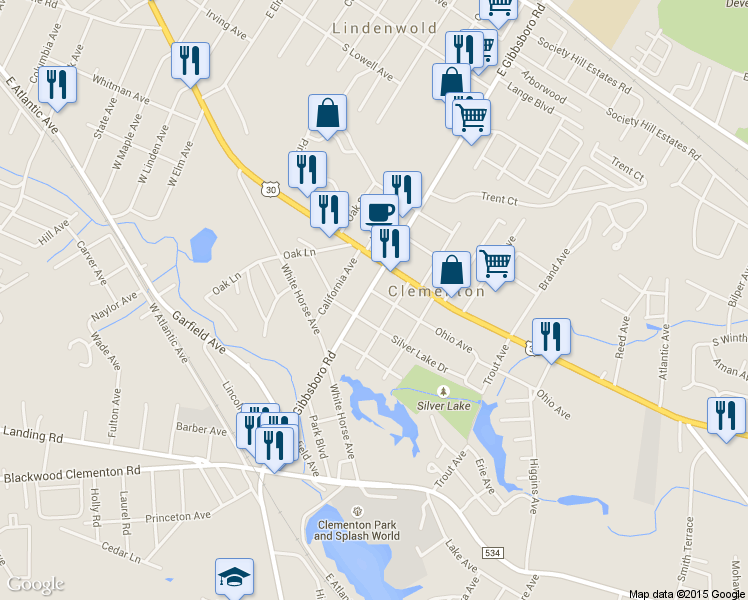 map of restaurants, bars, coffee shops, grocery stores, and more near 244 Gibbsboro Road in Clementon