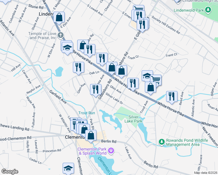 map of restaurants, bars, coffee shops, grocery stores, and more near 115 Ohio Avenue in Clementon