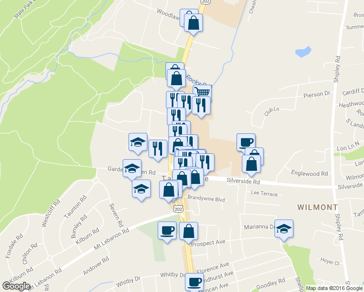 map of restaurants, bars, coffee shops, grocery stores, and more near 4127 Concord Pike in Wilmington