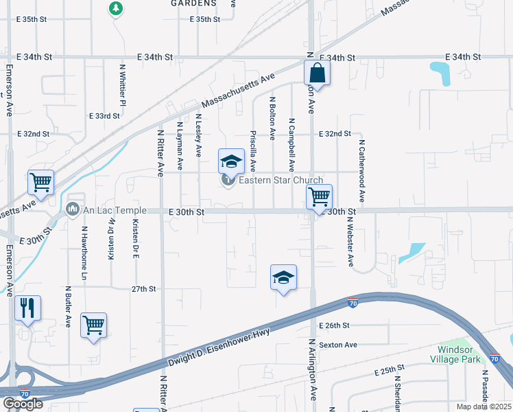 map of restaurants, bars, coffee shops, grocery stores, and more near 5778 East 30th Street in Indianapolis