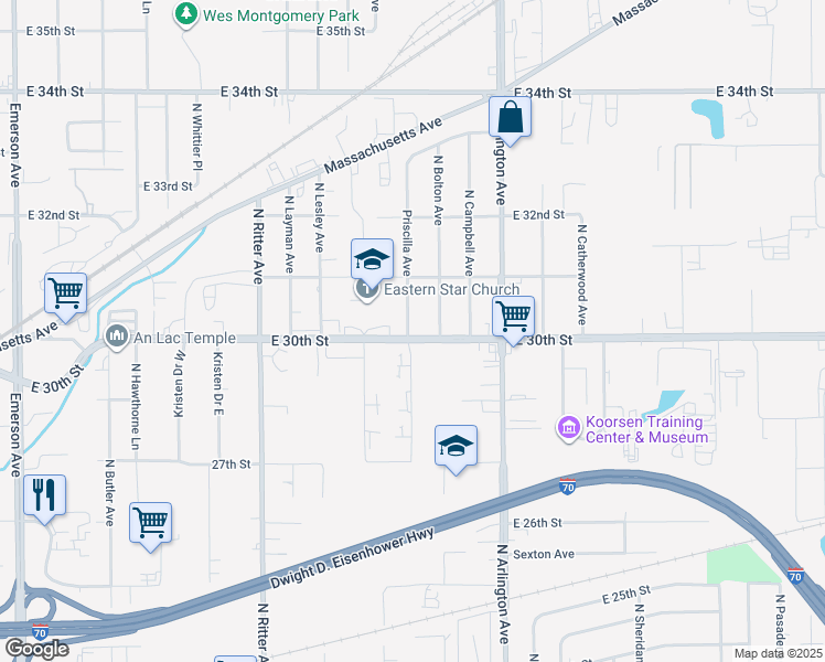 map of restaurants, bars, coffee shops, grocery stores, and more near 5778 East 30th Street in Indianapolis
