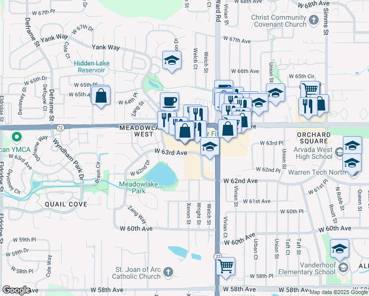 map of restaurants, bars, coffee shops, grocery stores, and more near 12680 West 64th Avenue in Arvada
