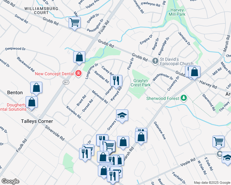 map of restaurants, bars, coffee shops, grocery stores, and more near 2011 Kynwyd Road in Wilmington