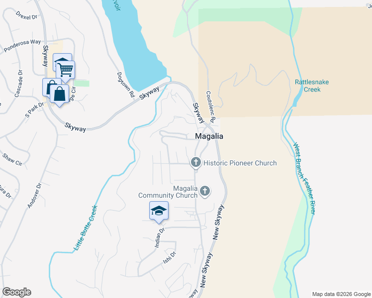 map of restaurants, bars, coffee shops, grocery stores, and more near Granada Drive in Magalia