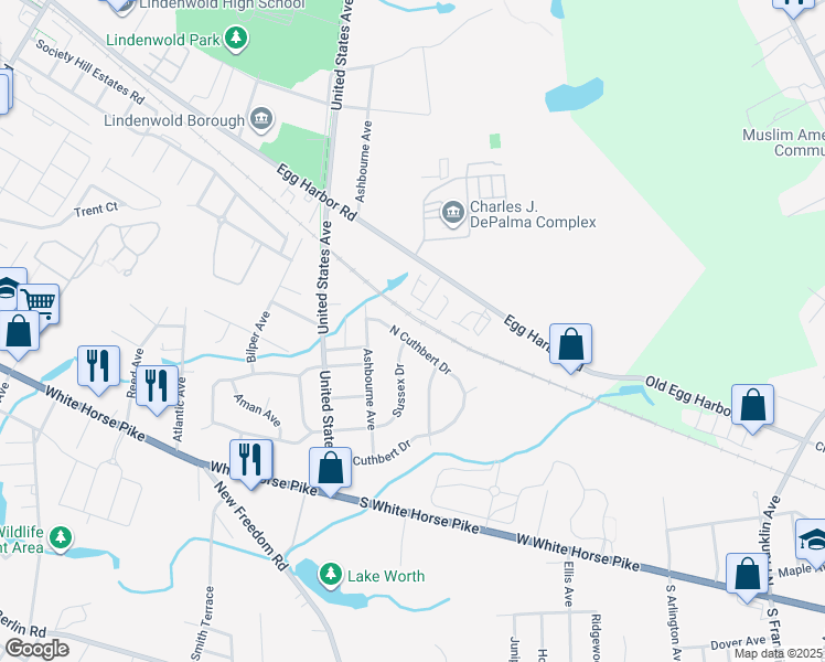 map of restaurants, bars, coffee shops, grocery stores, and more near 2313 North Cuthbert Drive in Lindenwold
