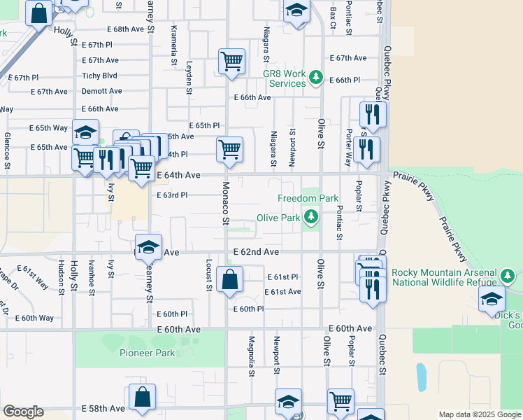 map of restaurants, bars, coffee shops, grocery stores, and more near 6841 East 62nd Avenue in Commerce City