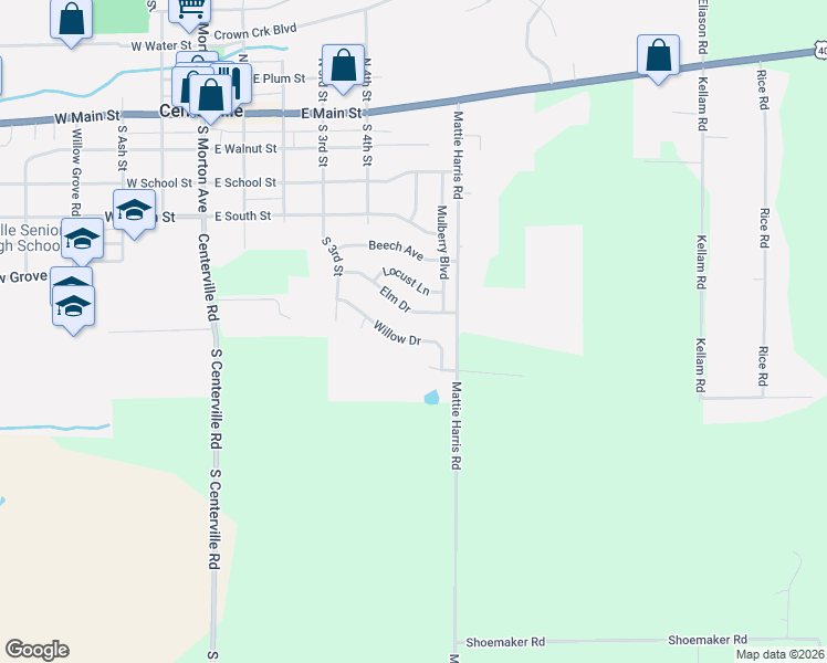 map of restaurants, bars, coffee shops, grocery stores, and more near 605 Elm Drive in Centerville