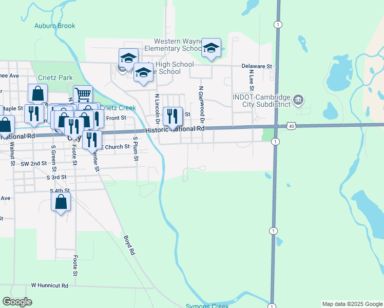 map of restaurants, bars, coffee shops, grocery stores, and more near 520 East Church Street in Cambridge City