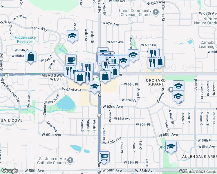 map of restaurants, bars, coffee shops, grocery stores, and more near 12350 West 64th Avenue in Arvada
