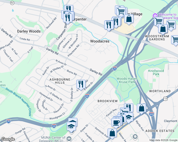 map of restaurants, bars, coffee shops, grocery stores, and more near 515 Darley Road in Claymont
