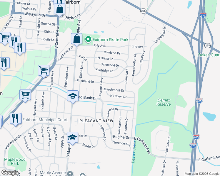 map of restaurants, bars, coffee shops, grocery stores, and more near 35 Marchmont Drive in Fairborn