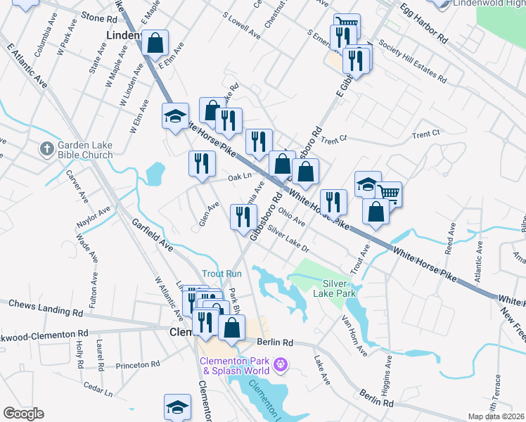 map of restaurants, bars, coffee shops, grocery stores, and more near 239 Gibbsboro Road in Clementon