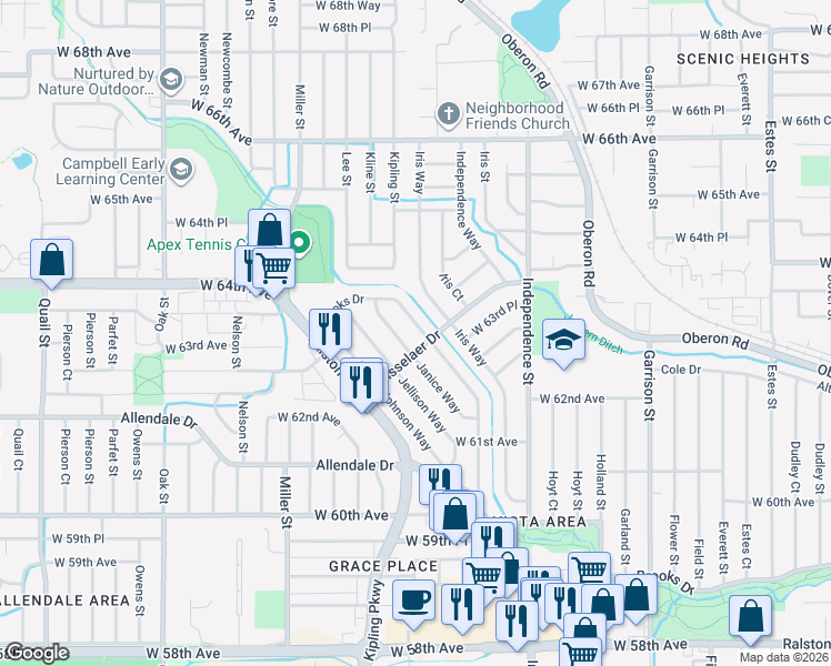 map of restaurants, bars, coffee shops, grocery stores, and more near 6362 Brooks Drive in Arvada