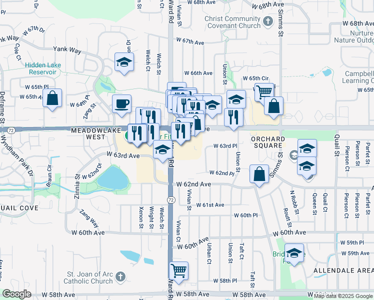 map of restaurants, bars, coffee shops, grocery stores, and more near 12350 West 64th Avenue in Arvada
