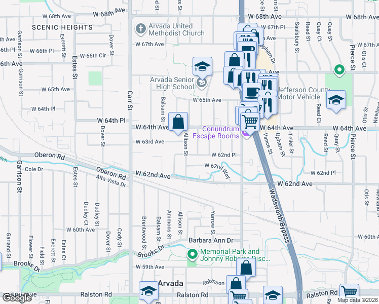 map of restaurants, bars, coffee shops, grocery stores, and more near 6271 Zephyr Street in Arvada