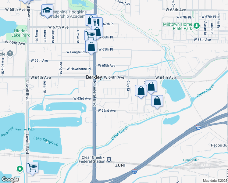 map of restaurants, bars, coffee shops, grocery stores, and more near 2901 West 63rd Avenue in Denver