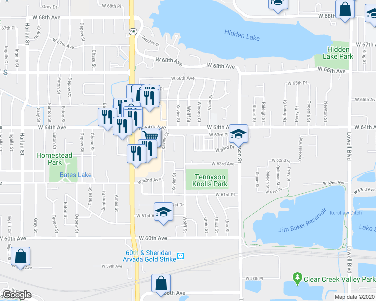 map of restaurants, bars, coffee shops, grocery stores, and more near 6345 Winona Street in Arvada