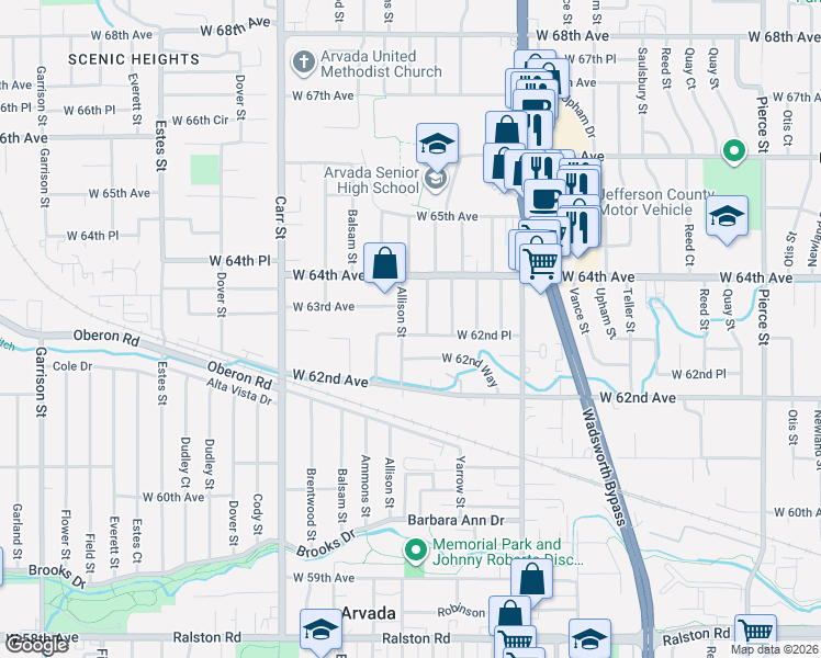 map of restaurants, bars, coffee shops, grocery stores, and more near 6271 Zephyr Street in Arvada