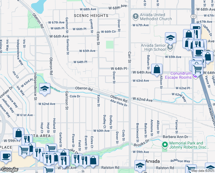 map of restaurants, bars, coffee shops, grocery stores, and more near 8656 West 62nd Place in Arvada