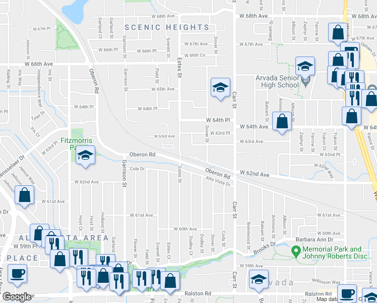 map of restaurants, bars, coffee shops, grocery stores, and more near 8656 West 62nd Place in Arvada