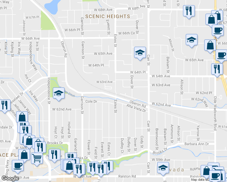 map of restaurants, bars, coffee shops, grocery stores, and more near 6237 Estes Street in Arvada