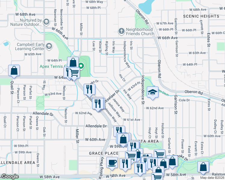 map of restaurants, bars, coffee shops, grocery stores, and more near 6362 Brooks Drive in Arvada