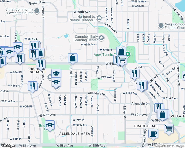 map of restaurants, bars, coffee shops, grocery stores, and more near 6348 Oak Court in Arvada