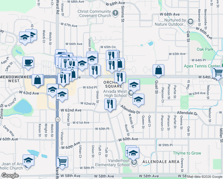 map of restaurants, bars, coffee shops, grocery stores, and more near 11640 West 62nd Place in Arvada