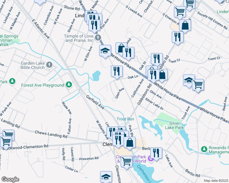 map of restaurants, bars, coffee shops, grocery stores, and more near 260 Harding Avenue in Clementon