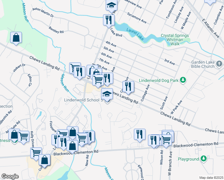 map of restaurants, bars, coffee shops, grocery stores, and more near 535 Chews Landing Road in Lindenwold