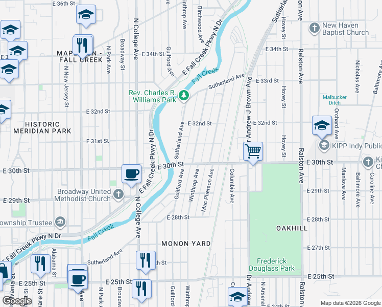 map of restaurants, bars, coffee shops, grocery stores, and more near 3028 Guilford Avenue in Indianapolis