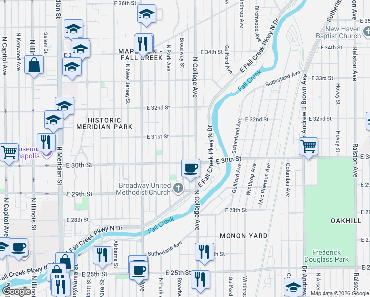 map of restaurants, bars, coffee shops, grocery stores, and more near 3042 Broadway Street in Indianapolis