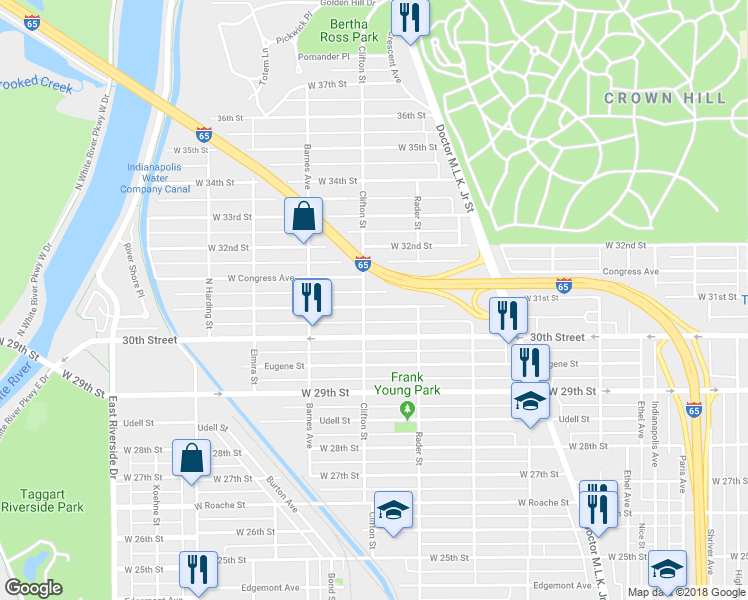 map of restaurants, bars, coffee shops, grocery stores, and more near 1036 West 31st Street in Indianapolis