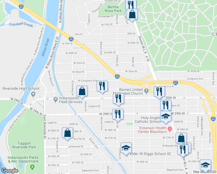 map of restaurants, bars, coffee shops, grocery stores, and more near 3117 Barnes Avenue in Indianapolis