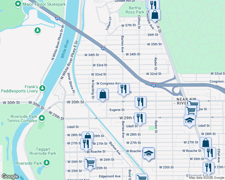 map of restaurants, bars, coffee shops, grocery stores, and more near 1228 West 31st Street in Indianapolis