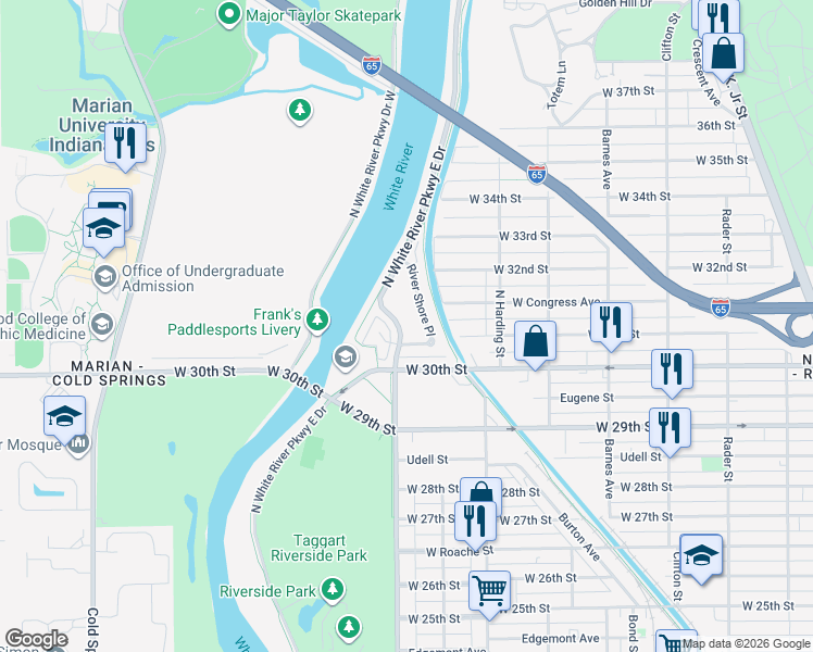 map of restaurants, bars, coffee shops, grocery stores, and more near 3109 Skylar Lane in Indianapolis