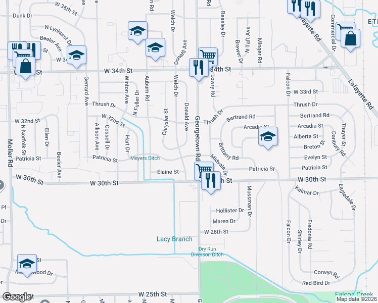 map of restaurants, bars, coffee shops, grocery stores, and more near 3123 Donald Avenue in Indianapolis