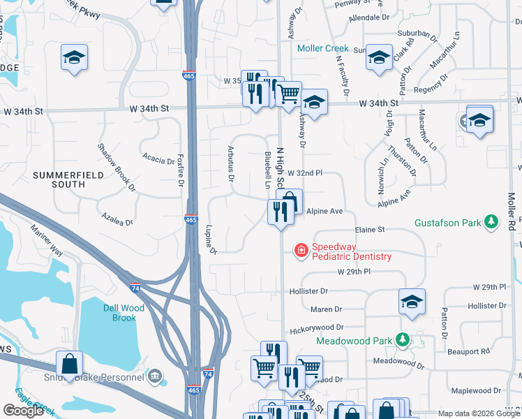 map of restaurants, bars, coffee shops, grocery stores, and more near 6325 Columbine Drive in Indianapolis