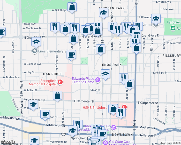 map of restaurants, bars, coffee shops, grocery stores, and more near 907-999 N 3rd St in Springfield