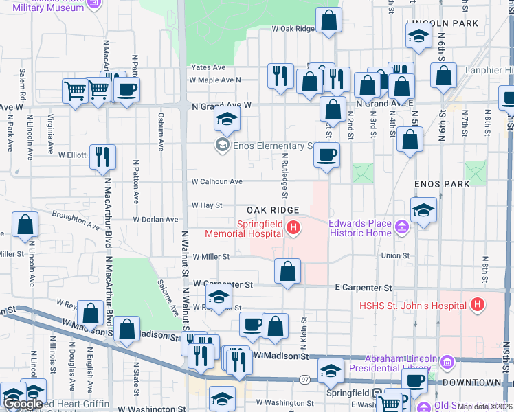 map of restaurants, bars, coffee shops, grocery stores, and more near 407 West Hay Street in Springfield