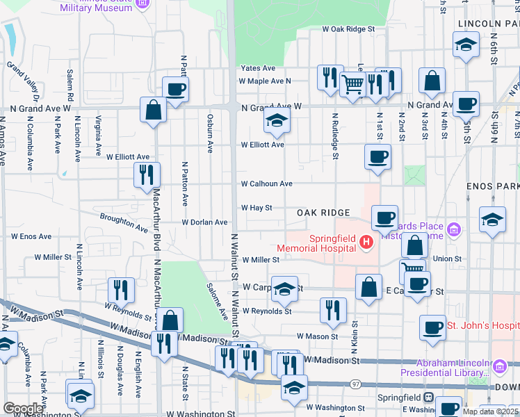 map of restaurants, bars, coffee shops, grocery stores, and more near 625 West Hay Street in Springfield