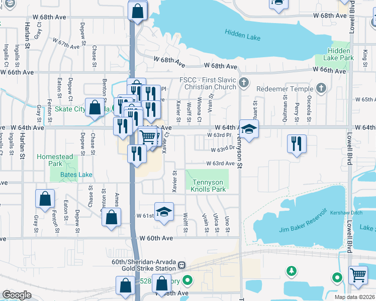 map of restaurants, bars, coffee shops, grocery stores, and more near 6345 Winona Street in Arvada