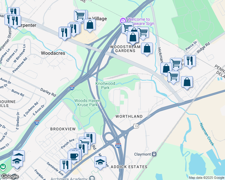 map of restaurants, bars, coffee shops, grocery stores, and more near 52 Denham Avenue in Claymont