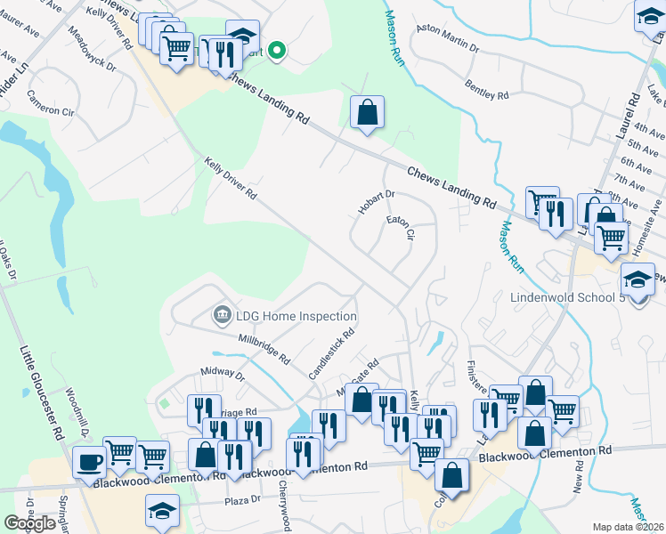 map of restaurants, bars, coffee shops, grocery stores, and more near 138 Kelly Driver Road in Clementon