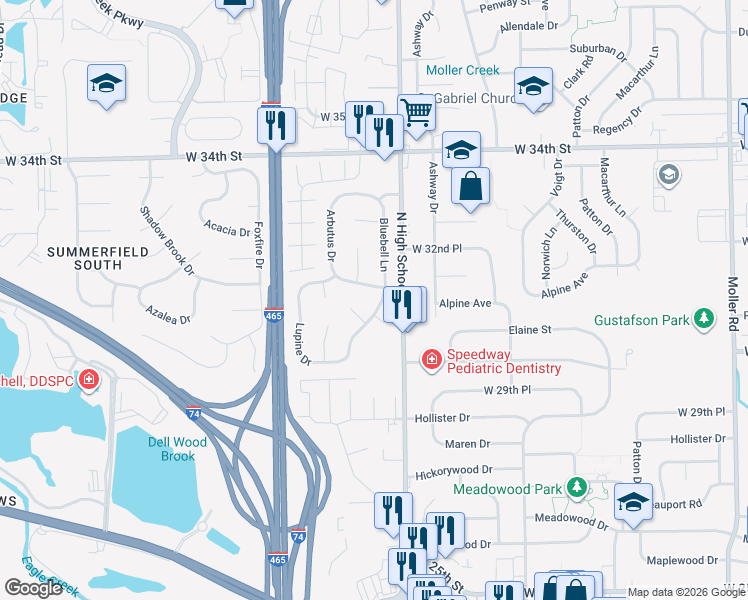 map of restaurants, bars, coffee shops, grocery stores, and more near 6325 Columbine Drive in Indianapolis