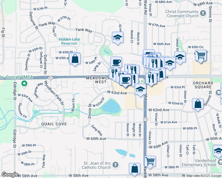 map of restaurants, bars, coffee shops, grocery stores, and more near 6320 Yank Court in Arvada
