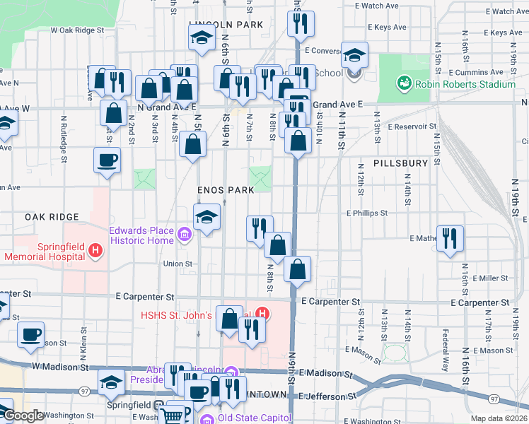 map of restaurants, bars, coffee shops, grocery stores, and more near 904 North 8th Street in Springfield