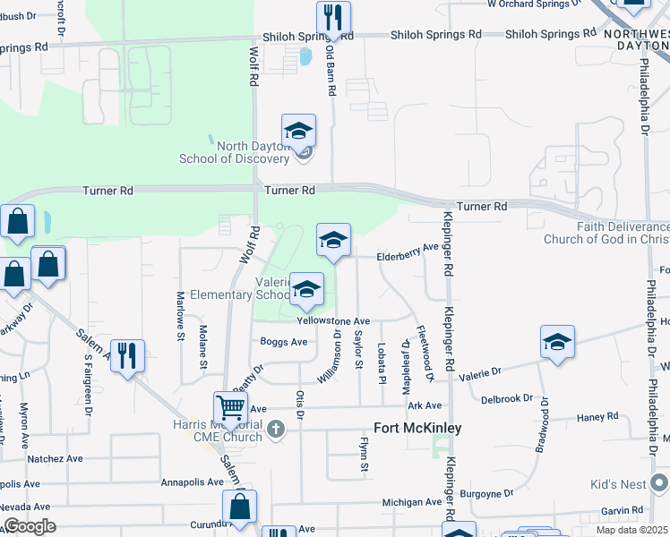 map of restaurants, bars, coffee shops, grocery stores, and more near 4417 Williamson Drive in Dayton